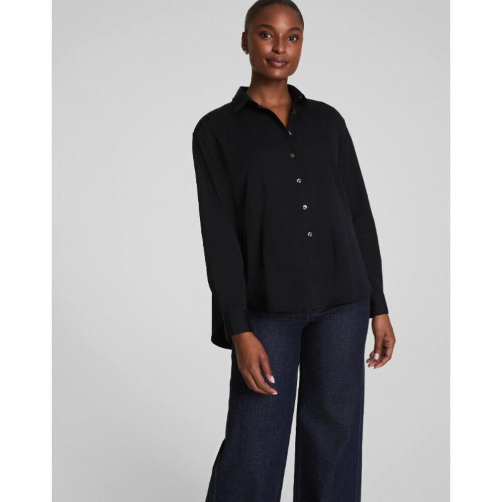 Spanx Oversized Poplin Button-Up Shirt in Premium Cotton Black Size XL
